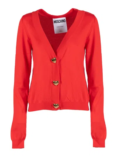 Moschino Heart Buttons Knitted Cardigan In Red