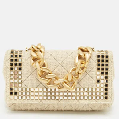 Pre-owned Moschino Cream Quilted Tweed Mirror Embellished Chain Shoulder Bag