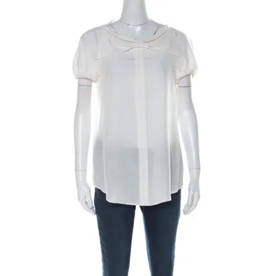 Moschino Cream Silk Crepe De Chine Bow Detail Short Sleeve Blouse In White
