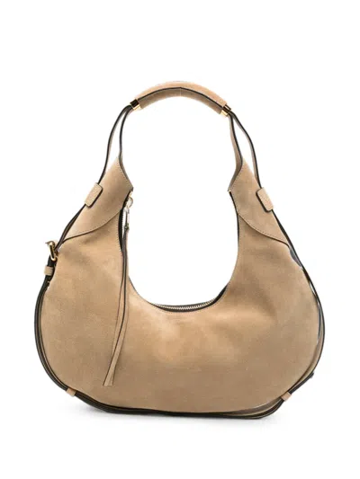 Moschino Crescent-shaped Suede Bag With Gold Hardware Accents In Brown