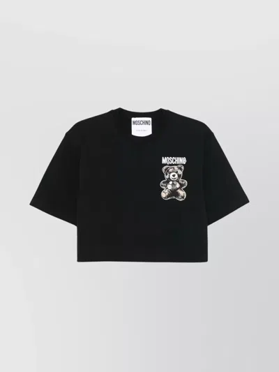Moschino Crew Neck Cropped Graphic Print Top In Black