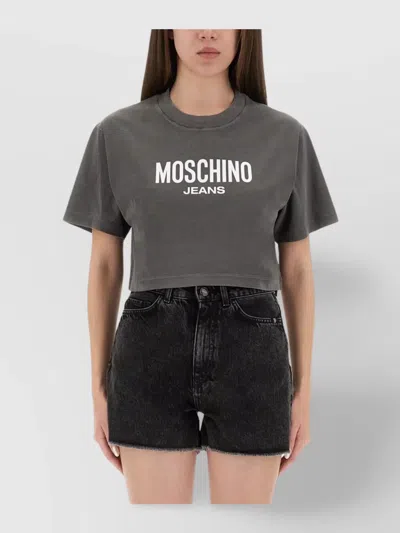 Moschino Crew Neck Cropped Short Sleeve Top In Gray