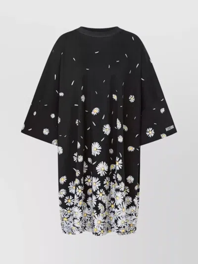 Moschino Crew Neck Floral Pattern Relaxed Fit Dress In Black