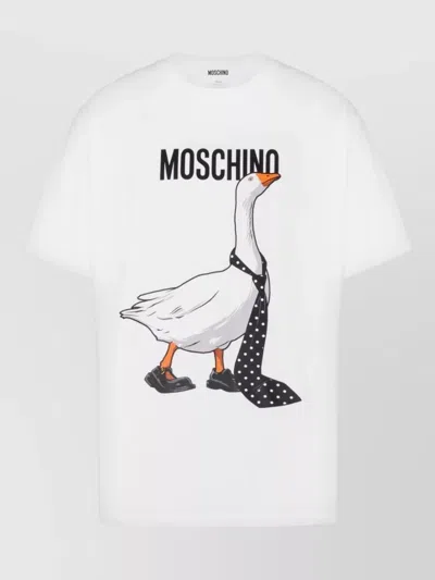 Moschino White Short-sleeve T-shirt With Playful Goose Graphic In Burgundy