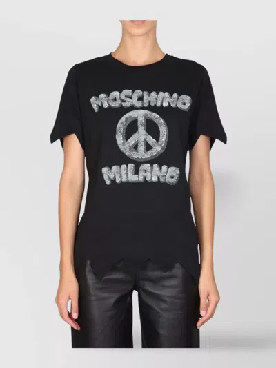 Moschino Crew Neck Graphic Print T-shirt With Unique Hem Design In Black