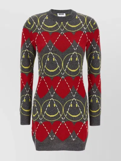 MOSCHINO CREW NECK LONG SLEEVE GRAPHIC DRESS