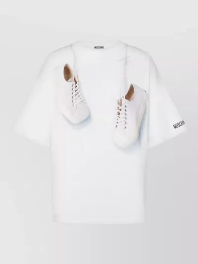 Moschino Crew Neck Short Sleeve Graphic Print Top In White