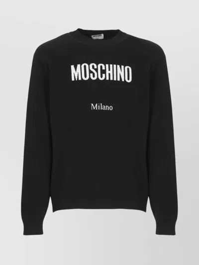 Moschino Crewneck Sweater With Logo In Wool Blend In Black