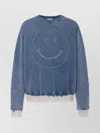 Moschino Crewneck Sweater With Studded Smiley Face In Blue