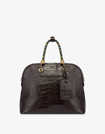 Moschino Croc Print Braided Cord Handbag In Brown