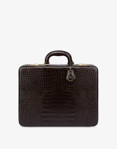 Moschino Croc Print Briefcase In Brown