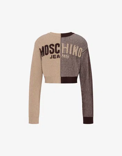 Moschino Crop Pullover In Intarsia Wool Blend In Brown