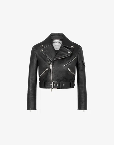 MOSCHINO CROPPED BIKER JACKET IN HEAVY NAPPA LEATHER