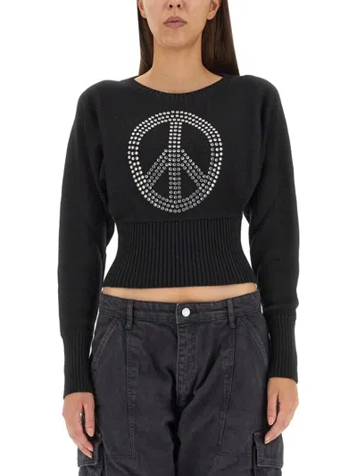 MOSCHINO CROPPED BLACK JERSEY WITH RHINESTONE PEACE SYMBOL