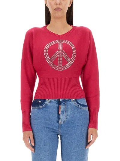 Moschino Peace Symbol Embellished Knitwear With Long Sleeves In Red