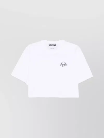 Moschino Cropped Laurel Crown Logo T-shirt In White