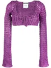 Moschino Cropped Open-knit Blouse With Tie Detail In Purple
