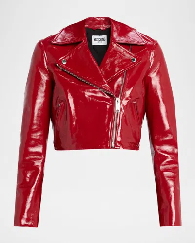 MOSCHINO CROPPED PATENT LEATHER MOTO JACKET