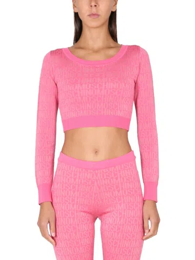 MOSCHINO CROPPED PULLOVER WITH ALLOVER LOGO PATTERN