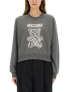Moschino Cropped Teddy Sweatshirt With Textured Graphic In Gray