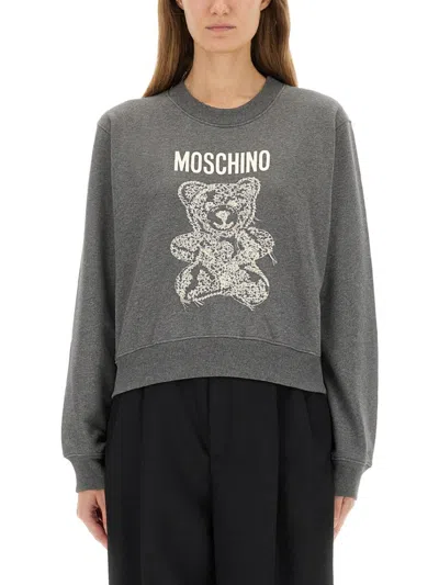Moschino Cropped Teddy Sweatshirt With Textured Graphic In Gray