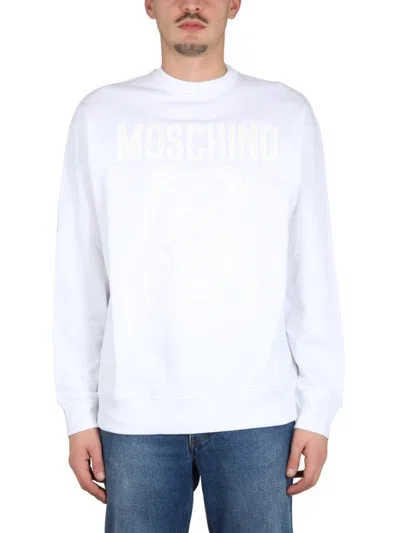 Moschino Cross-neck White Sweatshirt With Playful Teddy Bear Graphic