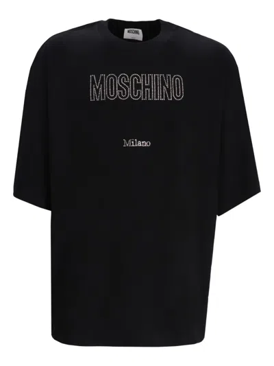 Moschino Crystal Logo Crew Neck T-shirt With Short Sleeves In Black
