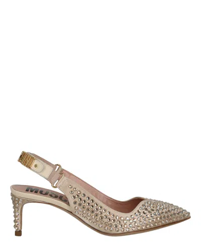 Moschino Crystal Embellished Kitten Heels In Beige