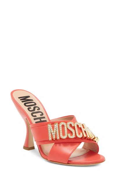 Moschino Crystal Embellished Leather Mule Sandal In Orange