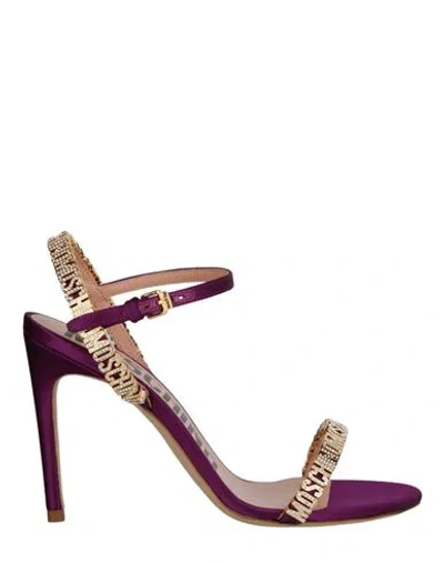 Moschino Crystal Embellished Logo Satin Heel Sandals Woman Sandals Purple Size 8 Viscose, Silk
