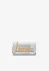 Moschino Crystal Embellished Logo Wallet In Metallic Nappa Leather In Silver
