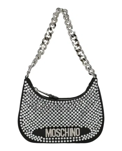 Moschino Crystal Embellished Shoulder Bag In Black