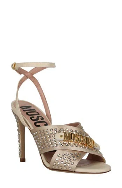 Moschino Crystal Satin Ankle Strap Sandal In Cream