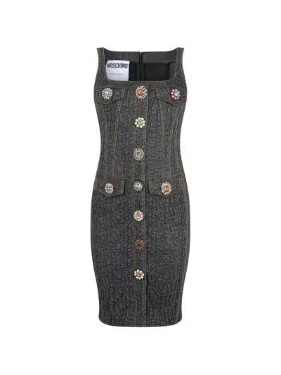 Moschino Crystal-button Mini Dress In Gray
