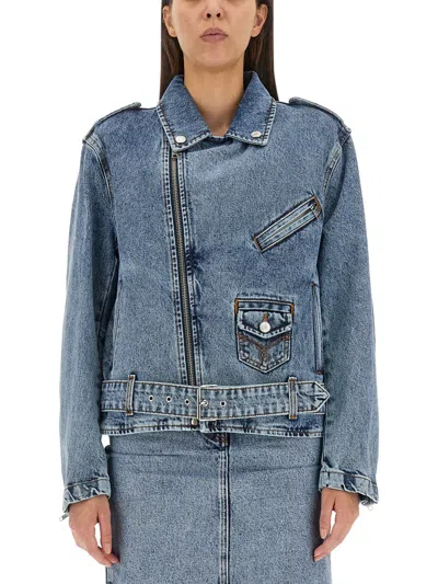 Moschino Crystal-embellished Denim Biker Jacket In Blue