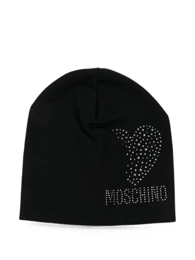 Moschino Crystal-embellished Heart Beanie Hat In Black
