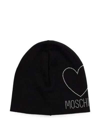 Moschino Crystal-embellished Heart Beanie Hat In Black