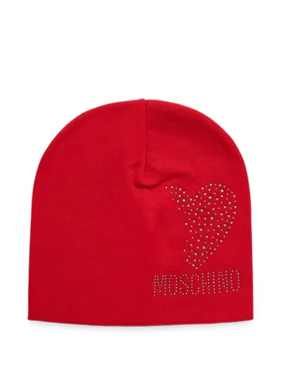 Moschino Crystal-embellished Heart-motif Beanie Hat In Red