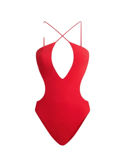 Moschino Cut-out Halterneck Swimsuit In Red