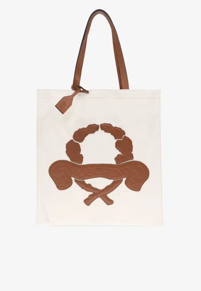 Moschino Debossed Logo Canvas Tote Bag In Cream