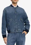 Moschino Blue Barcode Patch Denim Bomber Jacket In Blue