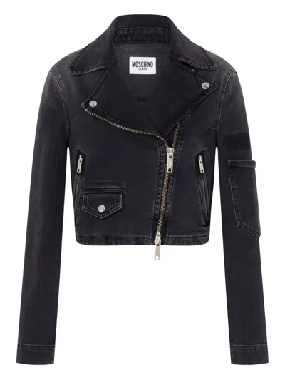Moschino Denim Cropped Biker Jacket In Black