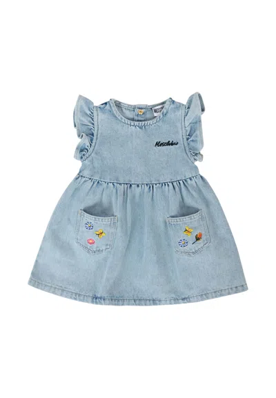 Moschino Denim Dress For Baby Girl With Flowers In Blue