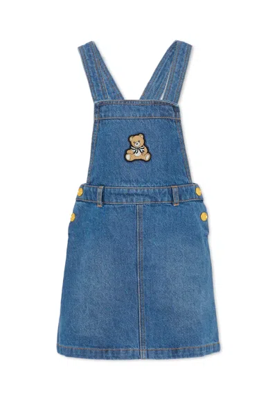 Moschino Kids' Denim Dungarees For Girl With Teddy Bear In Blue