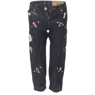 Moschino Denim Hair Clip Embroidery Cargo Jeans In Blue