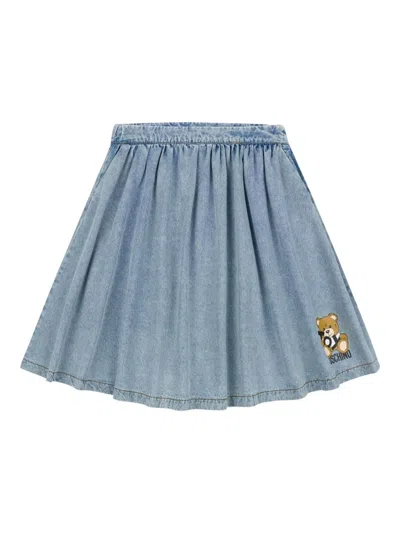 Moschino Kids' Denim Pleated Skirt In Blue