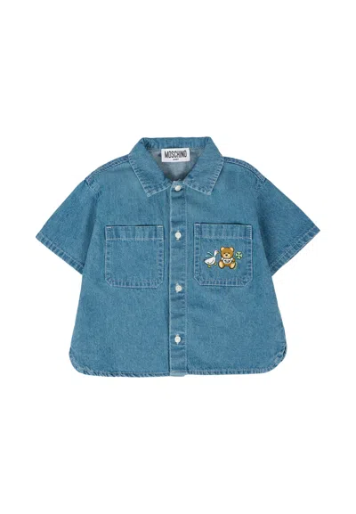 Moschino Denim Shirt For Babykids With Teddy Bear In Blue