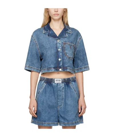 Moschino Denim Short-sleeved Shirt In Blue