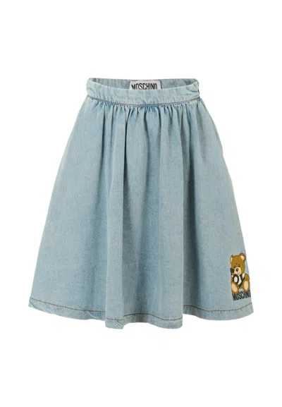 Moschino Kids' Denim Skirt For Girl With Teddy Bear In Blue