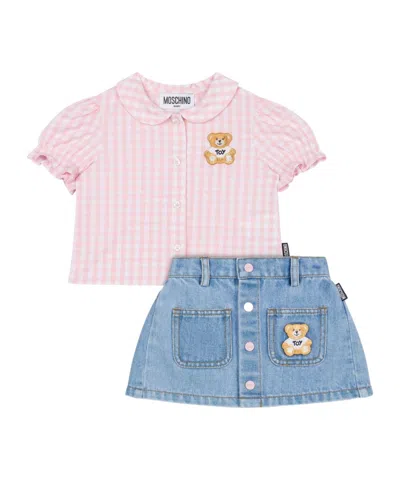 Moschino Babies' Denim Skirt Set In Pink